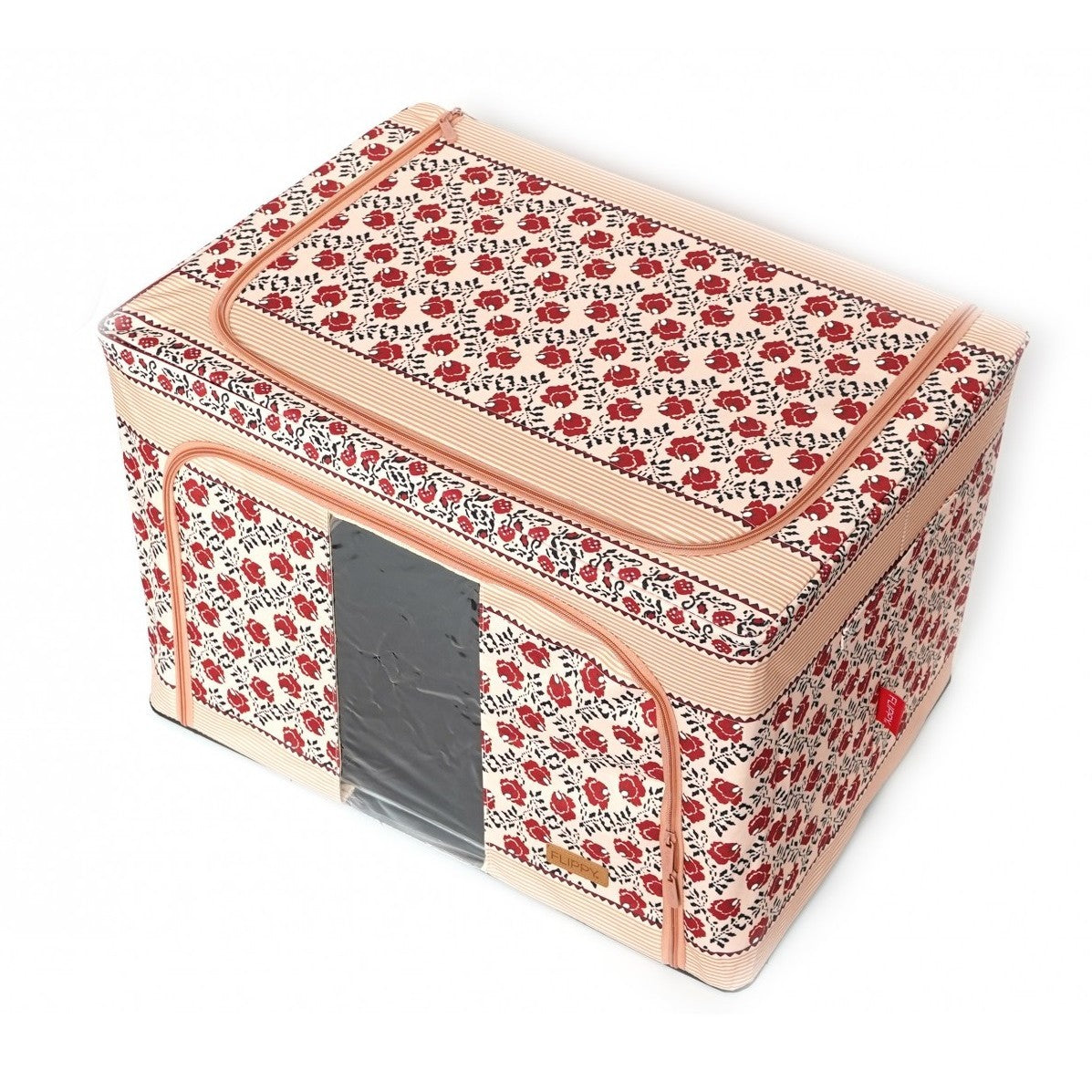 Cutie de Depozitare Pliabila, selexmo, 66 L din Bumbac si In, 52 x 42 x 39 cm, Fereastra Frontala, 2 Usi de Acces cu Fermoar Bidirectional, Cadru Metalic, Suport Baza Stabil din Plastic, Motiv Traditional Model 7