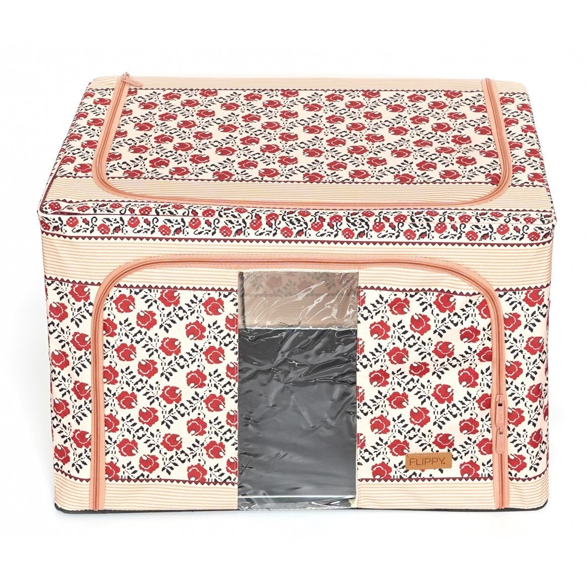 Cutie de Depozitare Pliabila, selexmo, 66 L din Bumbac si In, 52 x 42 x 39 cm, Fereastra Frontala, 2 Usi de Acces cu Fermoar Bidirectional, Cadru Metalic, Suport Baza Stabil din Plastic, Motiv Traditional Model 7