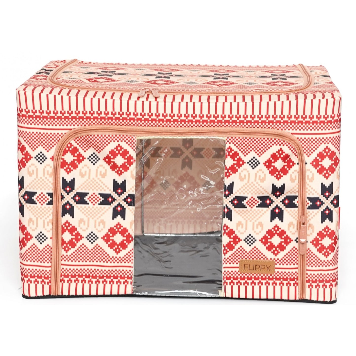 Cutie de Depozitare Pliabila, selexmo, 66 L din Bumbac si In, 52 x 42 x 39 cm, Fereastra Frontala, 2 Usi de Acces cu Fermoar Bidirectional, Cadru Metalic, Suport Baza Stabil din Plastic, Motiv Traditional Model 5