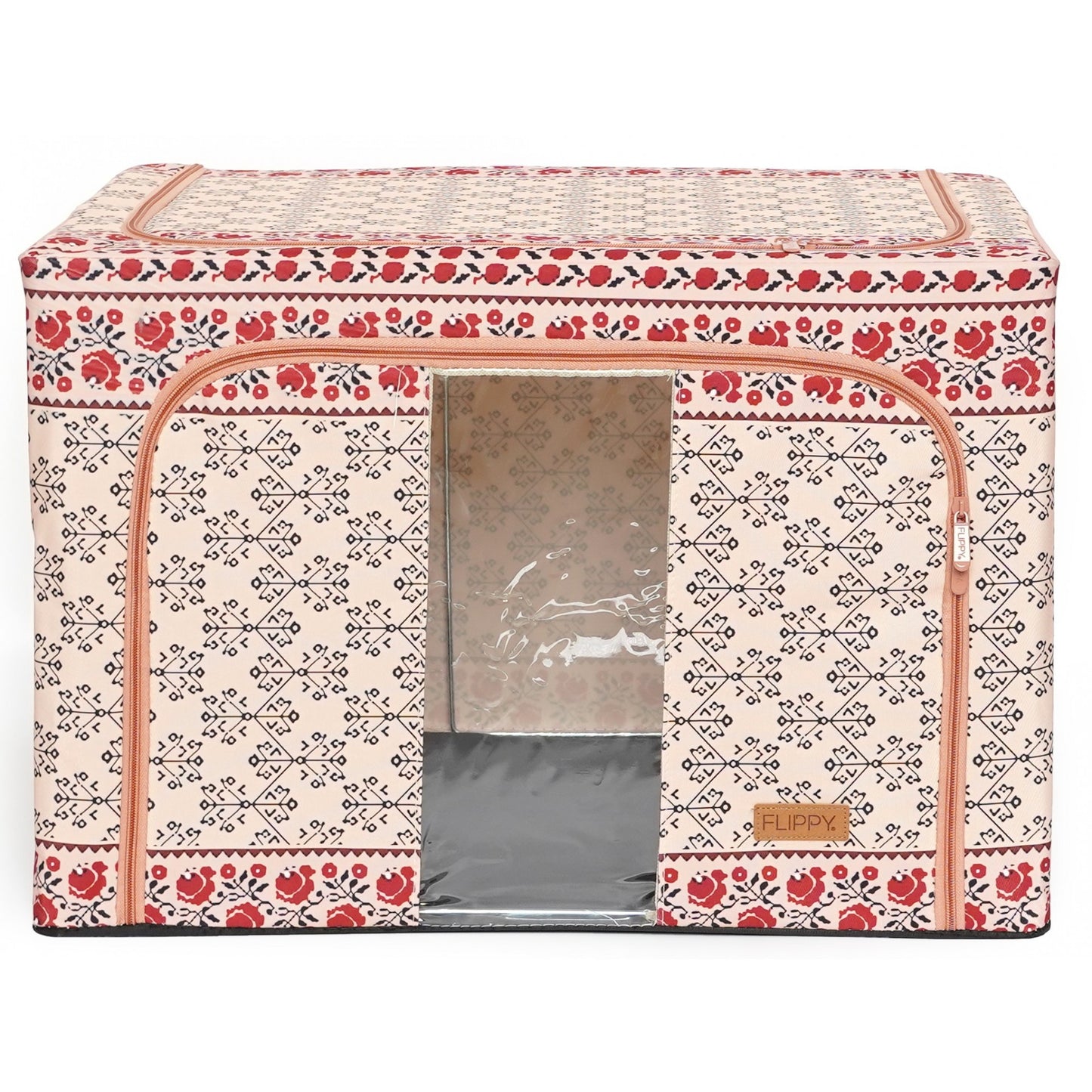 Cutie de Depozitare Pliabila, selexmo, 66 L din Bumbac si In, 52 x 42 x 39 cm, Fereastra Frontala, 2 Usi de Acces cu Fermoar Bidirectional, Cadru Metalic, Suport Baza Stabil din Plastic, Motiv Traditional Model 6