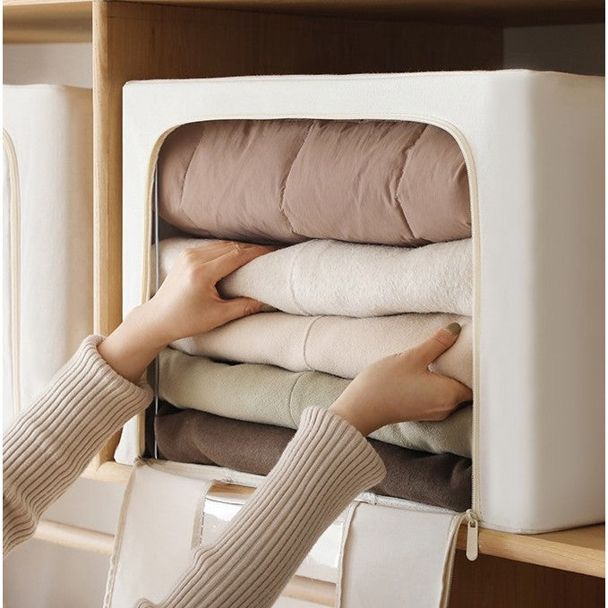 Cutie de Depozitare Pliabila, selexmo, Cu Fereastra si Fermoar Dublu, 66 L, Textil Premium, 50x40x33 cm, Cadru Metalic, Impermeabila, Bej