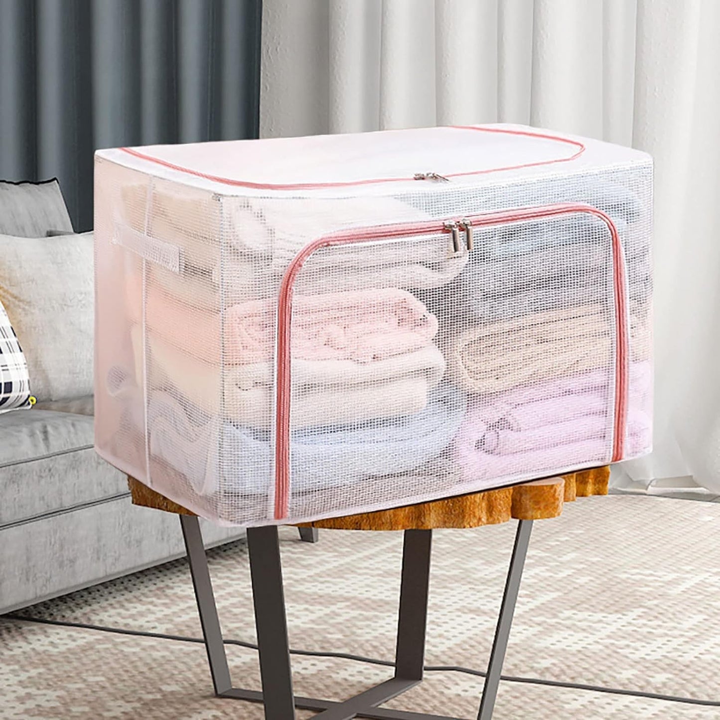 Cutie de Depozitare Pliabila, selexmo, Cu Fereastra si Fermoar Dublu Rosu, 66 L, Textil, 50x40x33 cm, Cadru Metalic, Impermeabila, Transparent