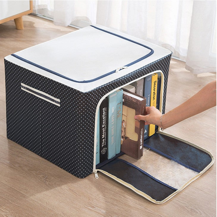 Cutie de Depozitare Pliabila, selexmo, Cu Fermoar, 100 L, Textil, 60x42x40 cm, Albastru Marin, Cadru Metalic, Suport Baza Stabil din Plastic, Imprimeu buline