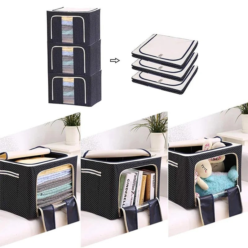 Cutie de Depozitare Pliabila, selexmo, Cu Fermoar, 100 L, Textil, 60x42x40 cm, Albastru Marin, Cadru Metalic, Suport Baza Stabil din Plastic, Imprimeu buline