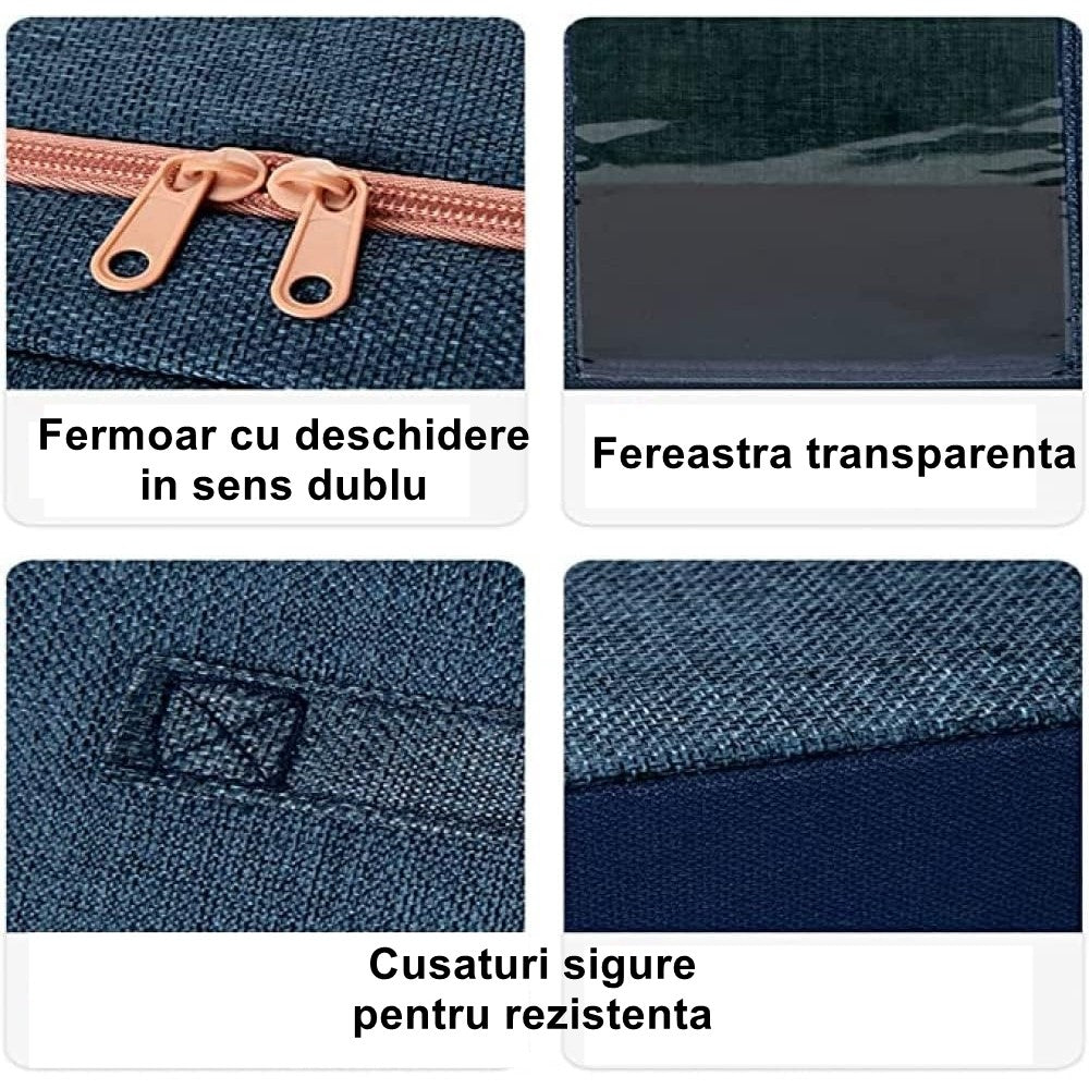 Cutie de Depozitare Pliabila, selexmo, Cu Fermoar, 100 L, Textil, 60x42x40 cm, Cadru Metalic, Suport Baza Stabil din Plastic, Albastru Marin cu Doua Ferestre