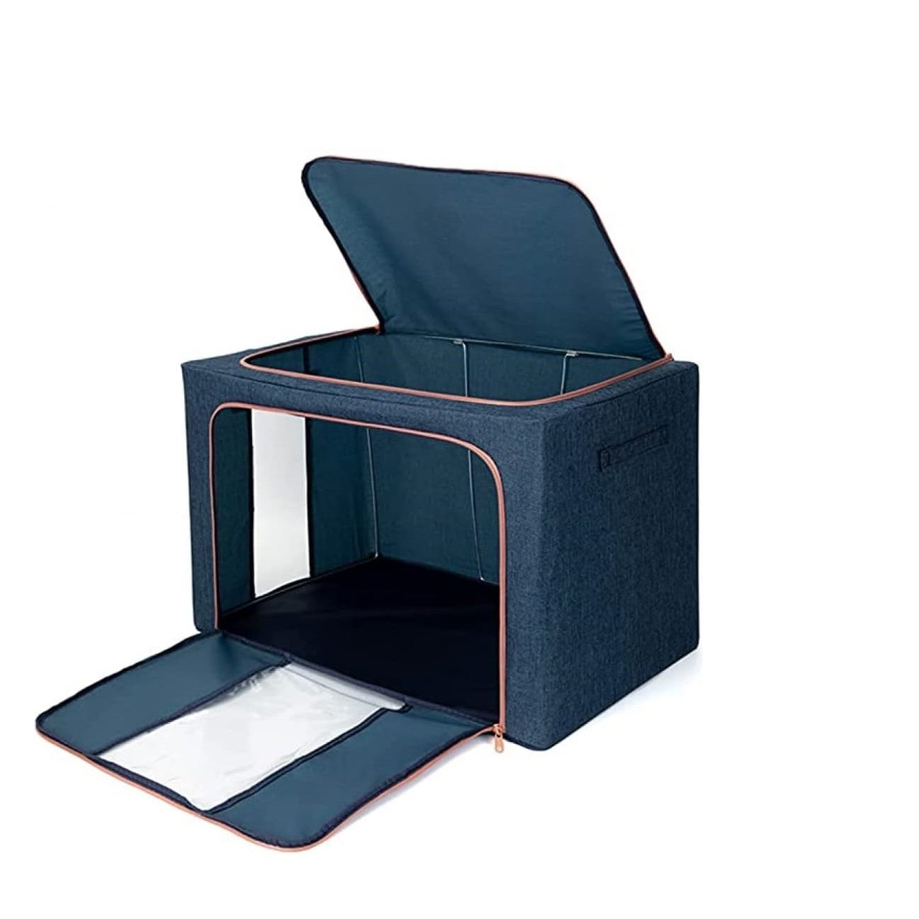 Cutie de Depozitare Pliabila, selexmo, Cu Fermoar, 100 L, Textil, 60x42x40 cm, Cadru Metalic, Suport Baza Stabil din Plastic, Albastru Marin cu Doua Ferestre