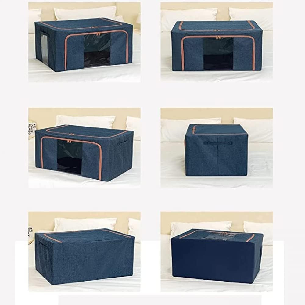 Cutie de Depozitare Pliabila, selexmo, Cu Fermoar, 100 L, Textil, 60x42x40 cm, Cadru Metalic, Suport Baza Stabil din Plastic, Albastru Marin cu Doua Ferestre