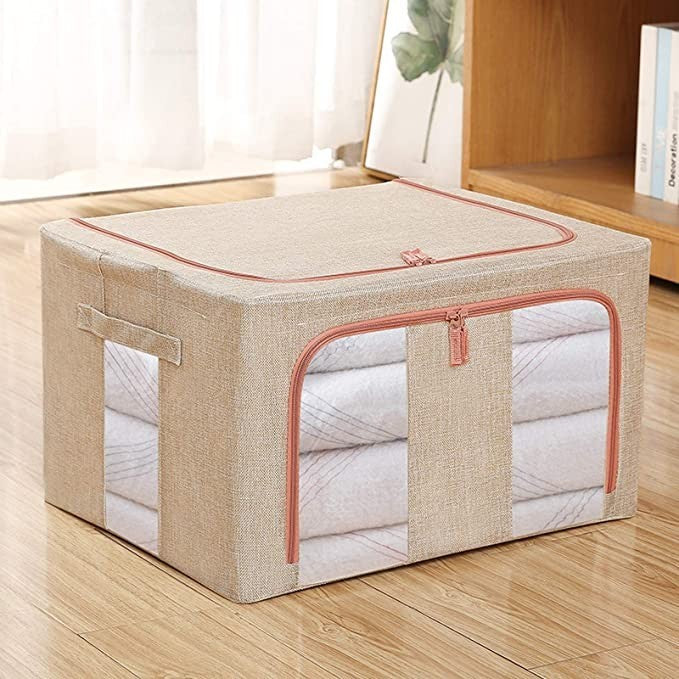 Cutie de depozitare pliabila, selexmo, Cu fermoar, 100 L, Textil, 60x42x40 cm, Cadru Metalic, Suport Baza Stabil din Plastic, Crem cu Doua Ferestre