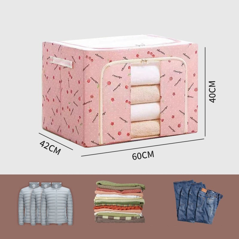 Cutie de Depozitare Pliabila, selexmo, Cu Fermoar, 100 L, Textil, 60x42x40 cm, cu Fereastra, Cadru Metalic, Suport Baza Stabil din Plastic, Imprimeu Cirese, Roz