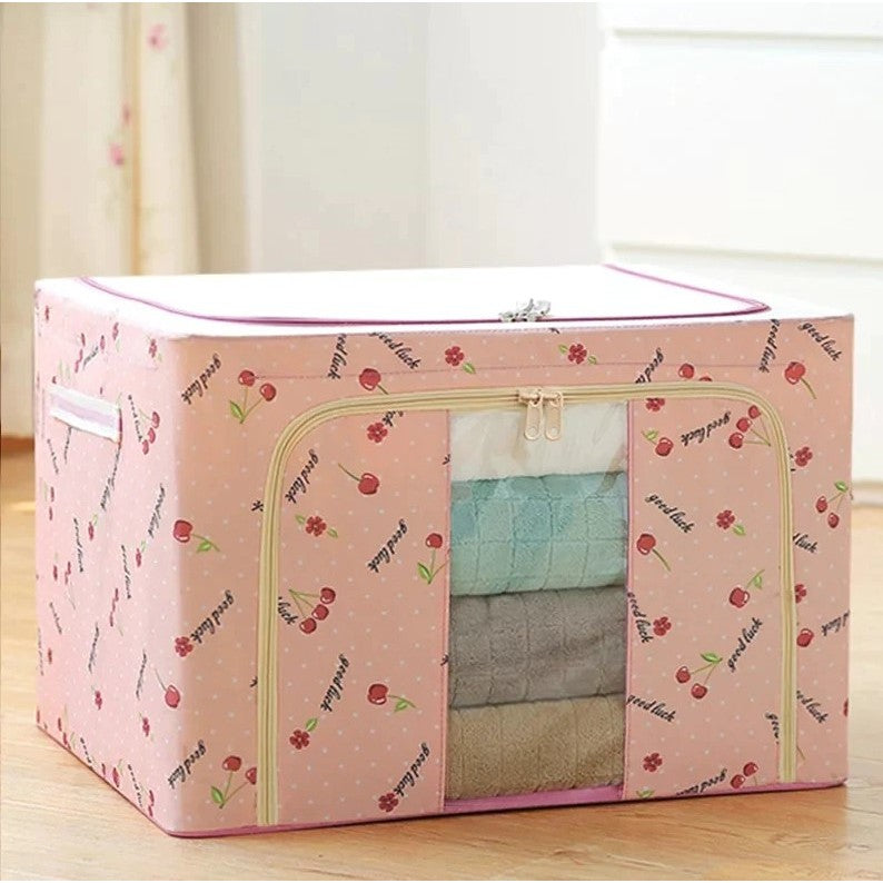 Cutie de Depozitare Pliabila, selexmo, Cu Fermoar, 100 L, Textil, 60x42x40 cm, cu Fereastra, Cadru Metalic, Suport Baza Stabil din Plastic, Imprimeu Cirese, Roz