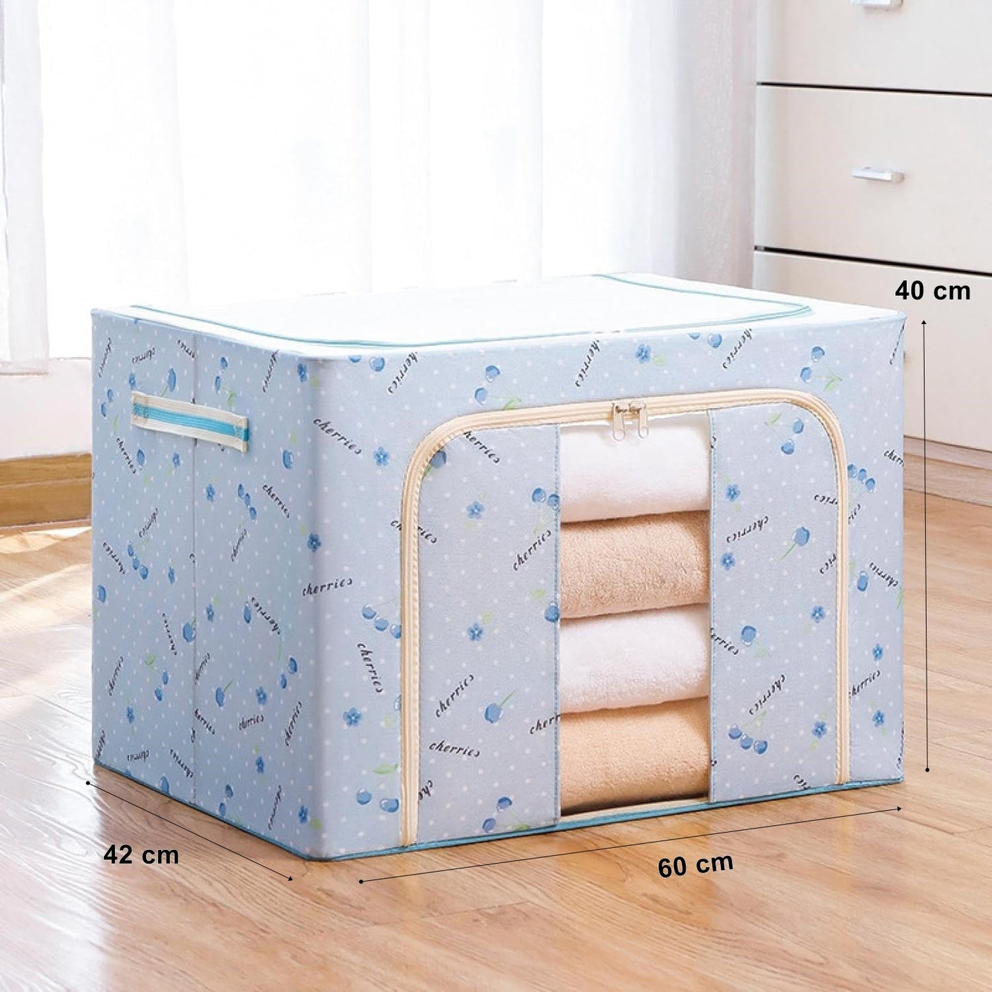 Cutie de Depozitare Pliabila, selexmo, 100 L, din Tesatura Oxford, 60x42x40 cm, Fereastra Frontala, 2 Usi de Acces cu Fermoar Bidirectional, Cadru Metalic, Suport Baza Stabil din Plastic, Imprimeu Cirese, Albastru