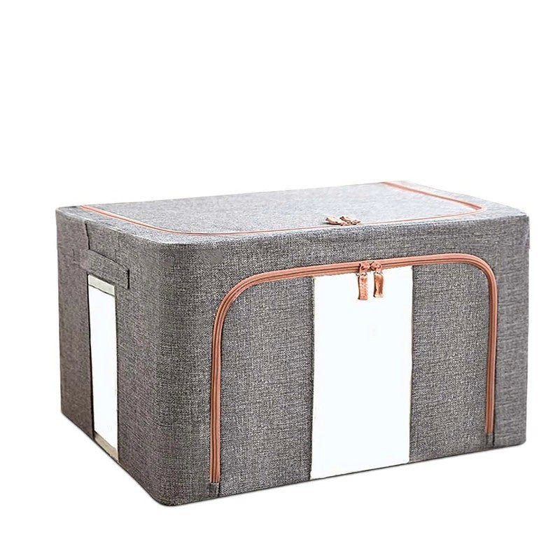 Cutie de Depozitare Pliabila, selexmo, 24 L, din Bumbac si In, 40x30x20 cm, 2 Ferestre, Frontala si Laterala, 2 Usi de Acces cu Fermoar Bidirectional, Cadru Metalic, Suport Baza Stabil din Plastic, Gri