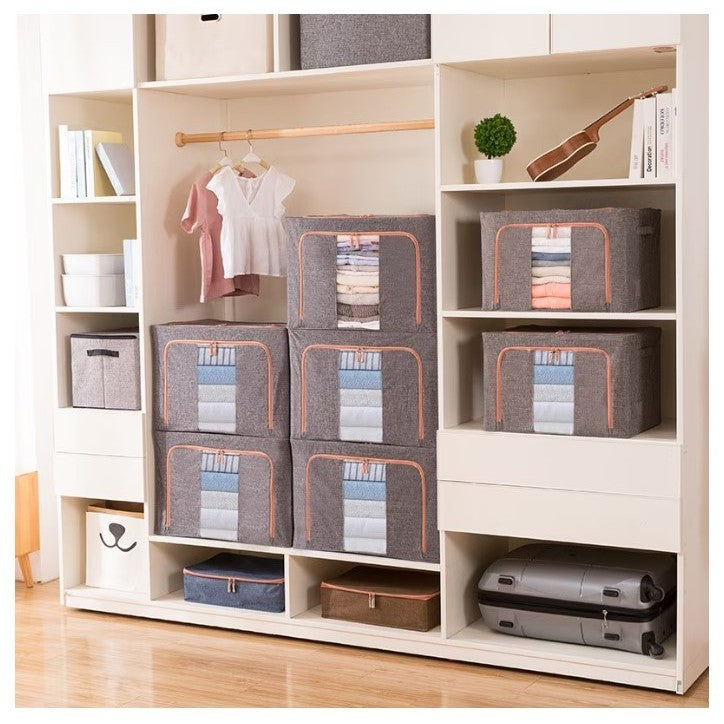 Cutie de Depozitare Pliabila, selexmo, 24 L, din Bumbac si In, 40x30x20 cm, 2 Ferestre, Frontala si Laterala, 2 Usi de Acces cu Fermoar Bidirectional, Cadru Metalic, Suport Baza Stabil din Plastic, Gri