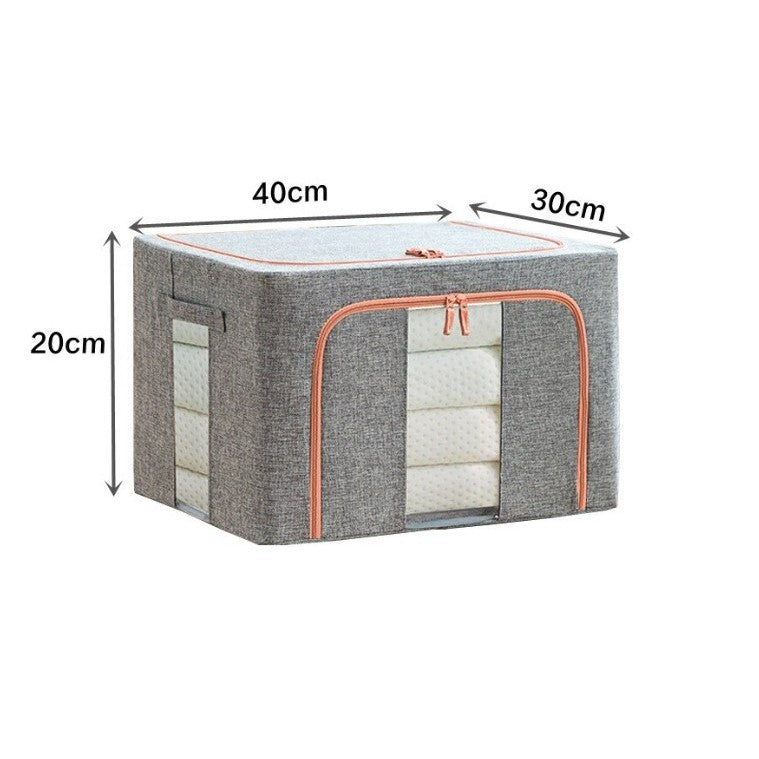 Cutie de Depozitare Pliabila, selexmo, 24 L, din Bumbac si In, 40x30x20 cm, 2 Ferestre, Frontala si Laterala, 2 Usi de Acces cu Fermoar Bidirectional, Cadru Metalic, Suport Baza Stabil din Plastic, Gri