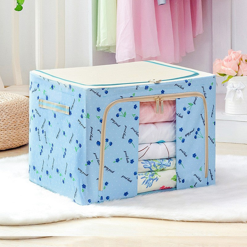Cutie de Depozitare Pliabila, selexmo, 24 L, Panza Oxford, 40x30x20 cm, Fereastra Frontala, 2 Usi de Acces cu Fermoar Bidirectional, Cadru Metalic, Suport Baza Stabil din Plastic, Imprimeu cirese, Albastru