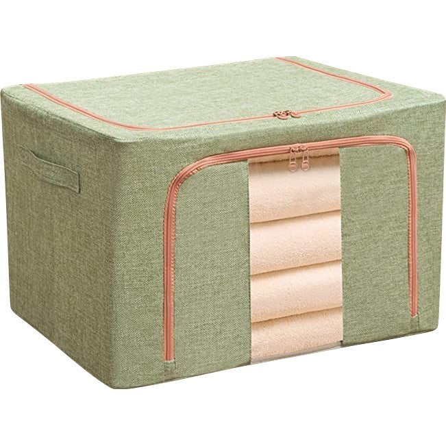 Cutie de Depozitare Pliabila, selexmo, 24 L, din Bumbac si In, 40x30x20 cm, Fereastra Frontala, 2 Usi de Acces cu Fermoar Bidirectional, Cadru Metalic, Suport Baza Stabil din Plastic, Verde