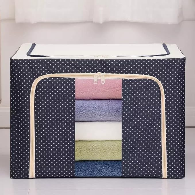 Cutie de Depozitare Pliabila, selexmo, 66 L, din Panza Oxford, 50x40x33 cm, 2 Ferestre, Frontala si Laterala, 2 Usi de Acces cu Fermoar Bidirectional, Cadru Metalic, Suport Baza Stabil din Plastic, Imprimeu Buline, Albastru Marin