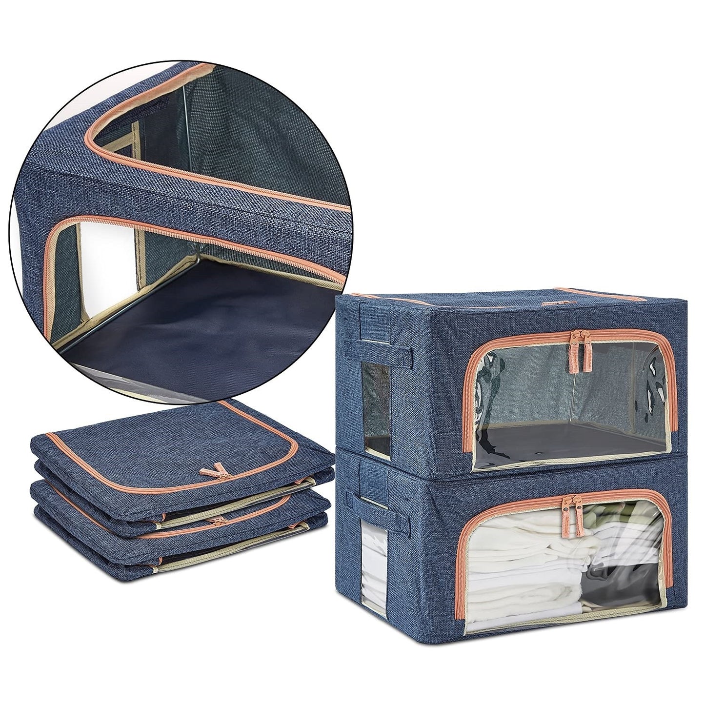 Cutie de depozitare pliabila, selexmo, Cu fermoar, 66 L, Textil, 50x40x33 cm, Albastru Marin, Cadru Metalic, Suport Baza Stabil din Plastic, Cu doua ferestre