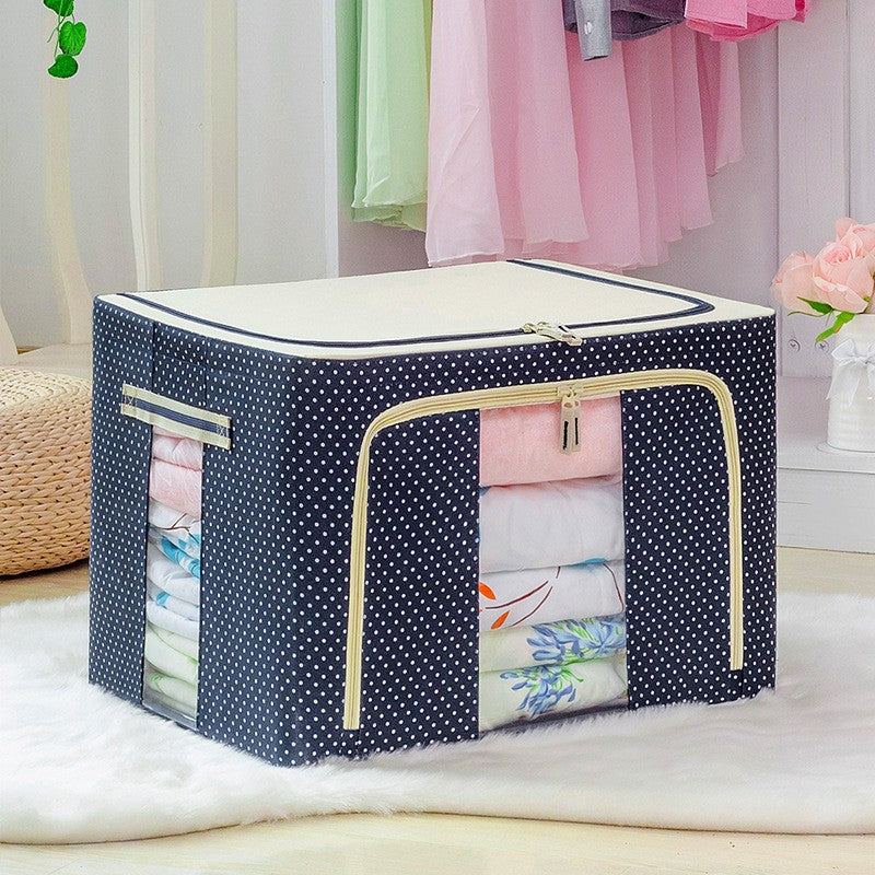 Cutie de Depozitare Pliabila, selexmo, 66 L, din Panza Oxford, 50x40x33 cm, 2 Ferestre, Frontala si Laterala, 2 Usi de Acces cu Fermoar Bidirectional, Cadru Metalic, Suport Baza Stabil din Plastic, Imprimeu Buline, Albastru Marin