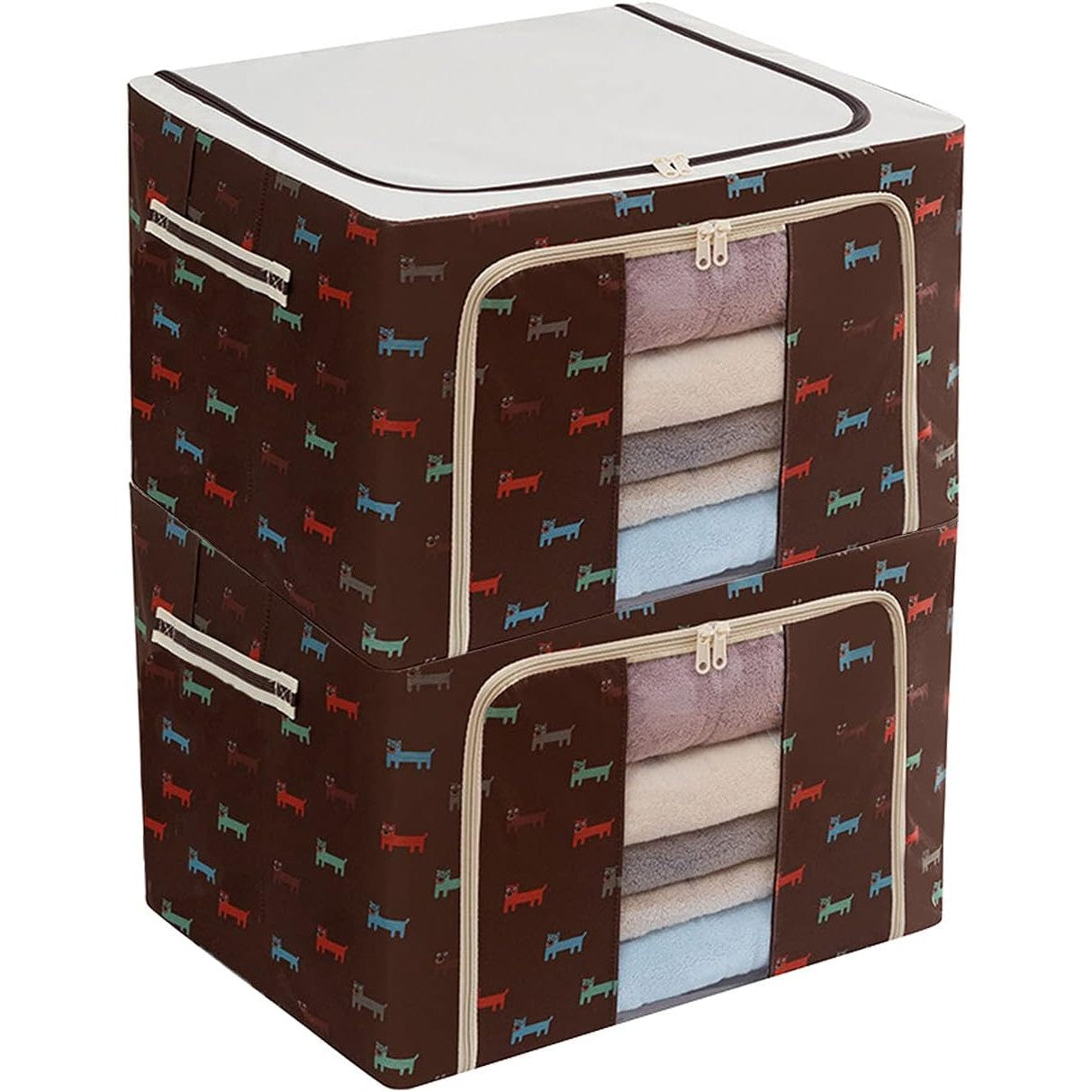 Cutie de Depozitare Pliabila, selexmo, 66 L, din Tesatura Oxford, 50x40x33 cm, Fereastra Frontala, 2 Usi de Acces cu Fermoar Bidirectional, Cadru Metalic, Suport Baza Stabil din Plastic, Imprimeu Catelusi, Maro