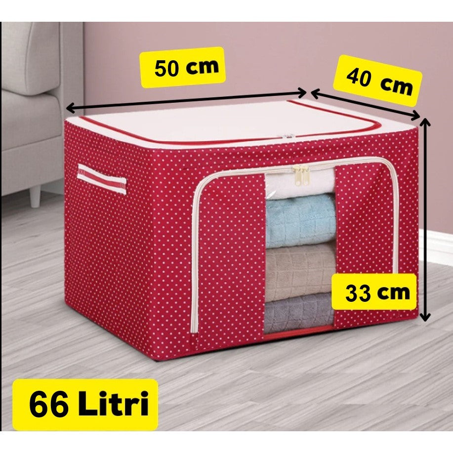 Cutie de Depozitare Pliabila, selexmo, 66 L, din Tesatura Oxford, 50x40x33 cm, Fereastra Frontala, 2 Usi de Acces cu Fermoar Bidirectional, Cadru Metalic, Suport Baza Stabil din Plastic, Imprimeu Buline, Rosu