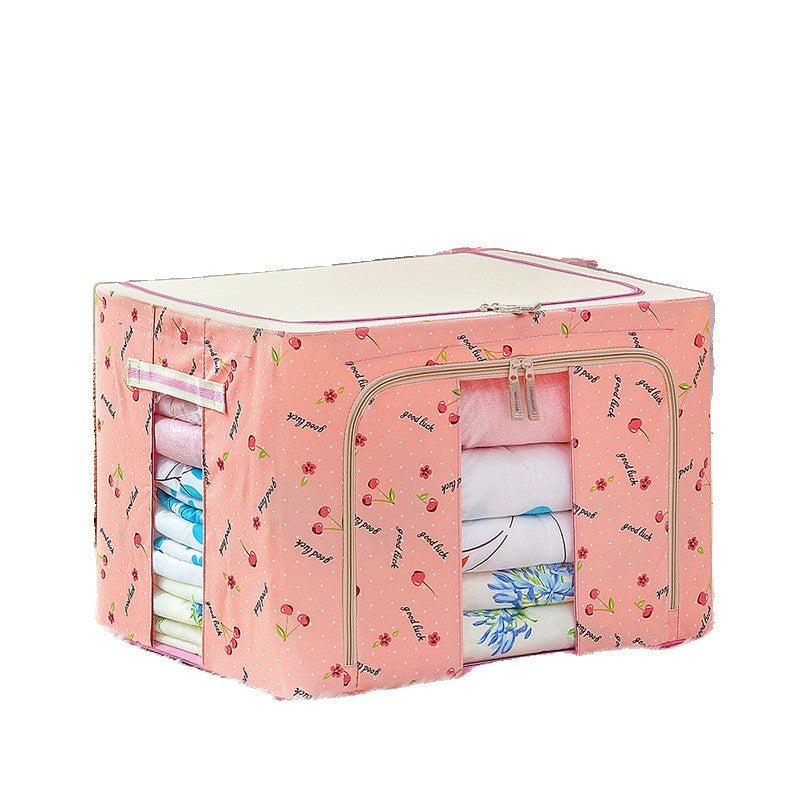 Cutie de Depozitare Pliabila, selexmo, 66 L, din Tesatura Oxford, 50x40x33 cm, 2 Ferestre, Frontala si Laterala, 2 Usi de Acces cu Fermoar Bidirectional, Cadru Metalic, Suport Baza Stabil din Plastic, Imprimeu Cirese, Roz
