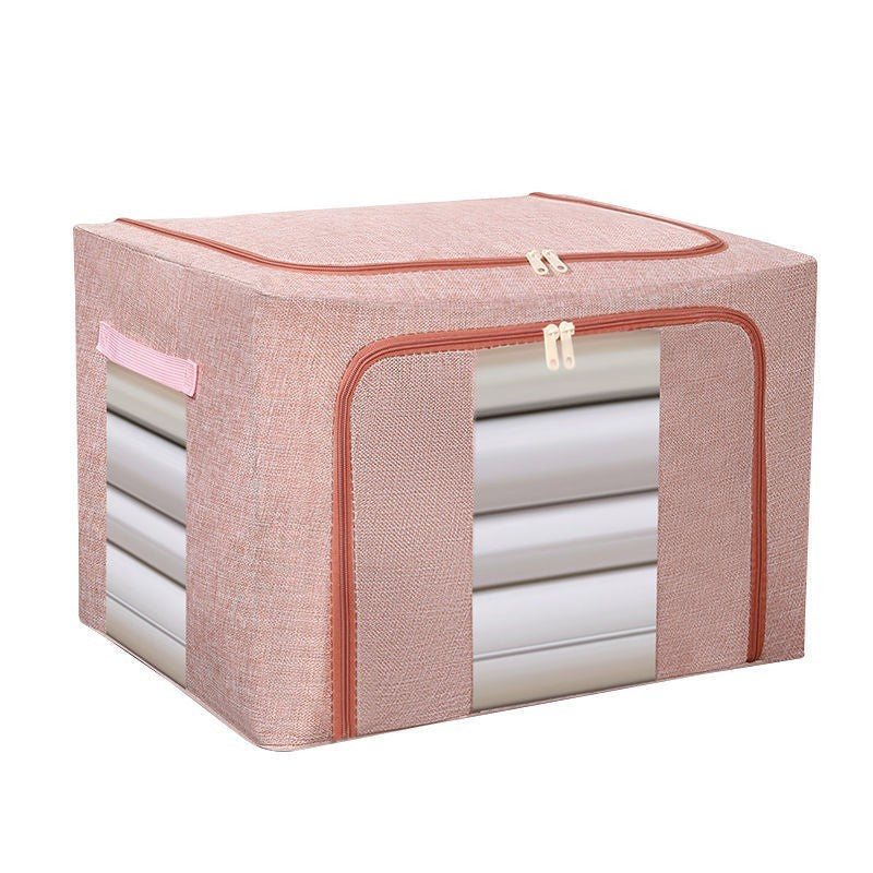 Cutie de Depozitare Pliabila, selexmo, 66 L, din Bumbac si In, 50x40x33 cm, 2 Ferestre, Frontala si Laterala, 2 Usi de Acces cu Fermoar Bidirectional, Cadru Metalic, Suport Baza Stabil din Plastic, Roz Pudrat