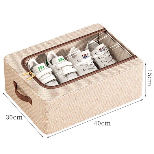 Cutie Depozitare cu Cadru Metalic, selexmo, pentru Incaltaminte, Haine, Lingerie, Fermoar Calitativ, Fereastra Transparenta, Manere Laterale, 40 x 30 x 15 cm Bej