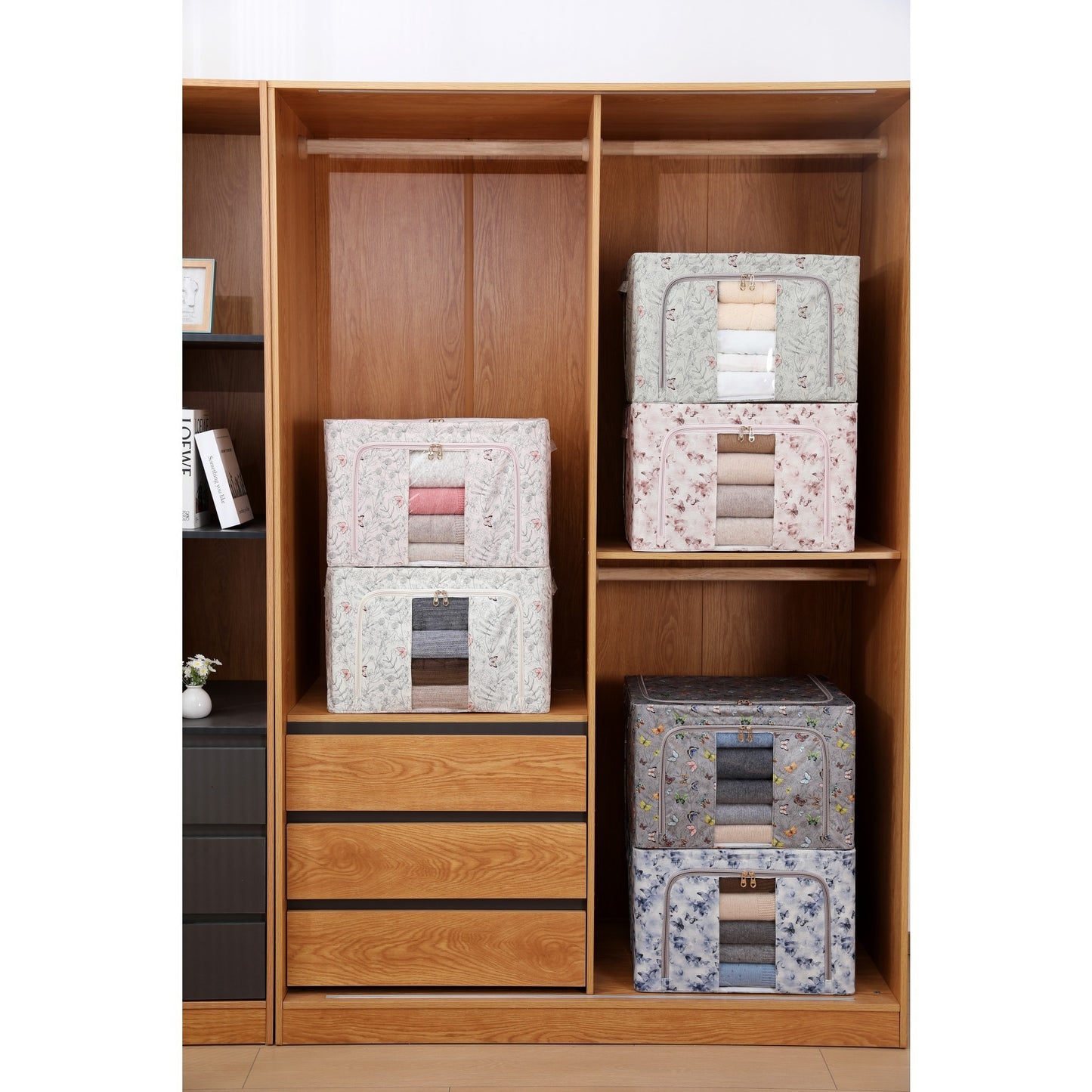 Cutie Depozitare, selexmo, 66L, din Material Textil, 50 x 40 x 33 cm, pentru Haine si Lenjerii, Model Bambus, Galben