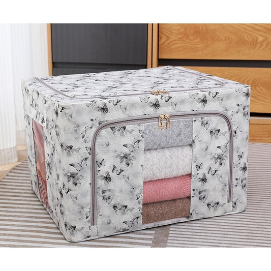 Cutie Depozitare, selexmo, 66L, din Material Textil, 50 x 40 x 33 cm, pentru Haine si Lenjerii, Model Fluturasi, Gri/Auriu