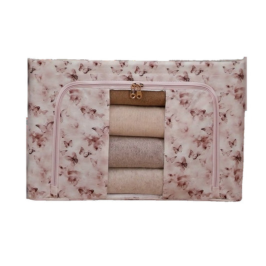 Cutie Depozitare, selexmo, 66L, din Material Textil, 50 x 40 x 33 cm, pentru Haine si Lenjerii, Model Fluturasi, Roz/Gri