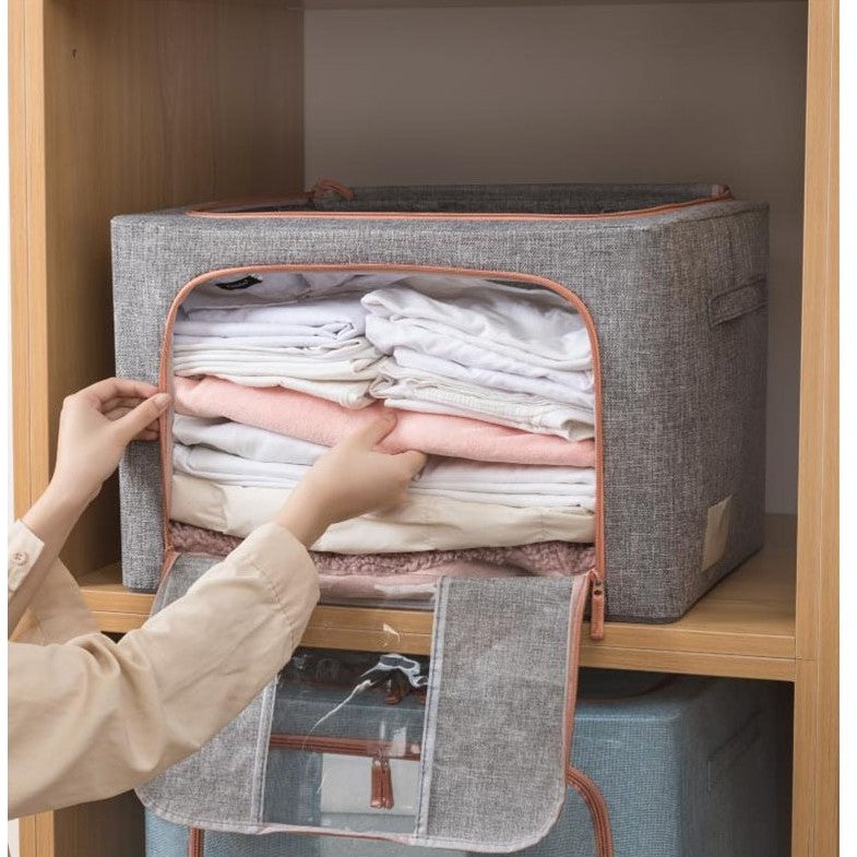 Cutie de Depozitare Pliabila, selexmo, 24 L, din Bumbac si In, 40x30x20 cm, Fereastra Frontala, 2 Usi de Acces cu Fermoar Bidirectional, Cadru Metalic, Suport Baza Stabil din Plastic, Gri