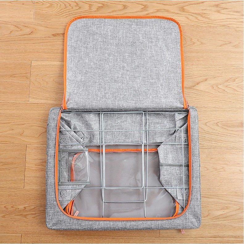 Cutie de Depozitare Pliabila, selexmo, 24 L, din Bumbac si In, 40x30x20 cm, Fereastra Frontala, 2 Usi de Acces cu Fermoar Bidirectional, Cadru Metalic, Suport Baza Stabil din Plastic, Gri
