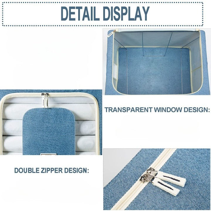 Cutie de Depozitare Pliabila, selexmo, 24 L, din Bumbac si In, 40x30x20 cm, Fereastra Frontala, 2 Usi de Acces cu Fermoar Bidirectional, Cadru Metalic, Suport Baza Stabil din Plastic, Bleu