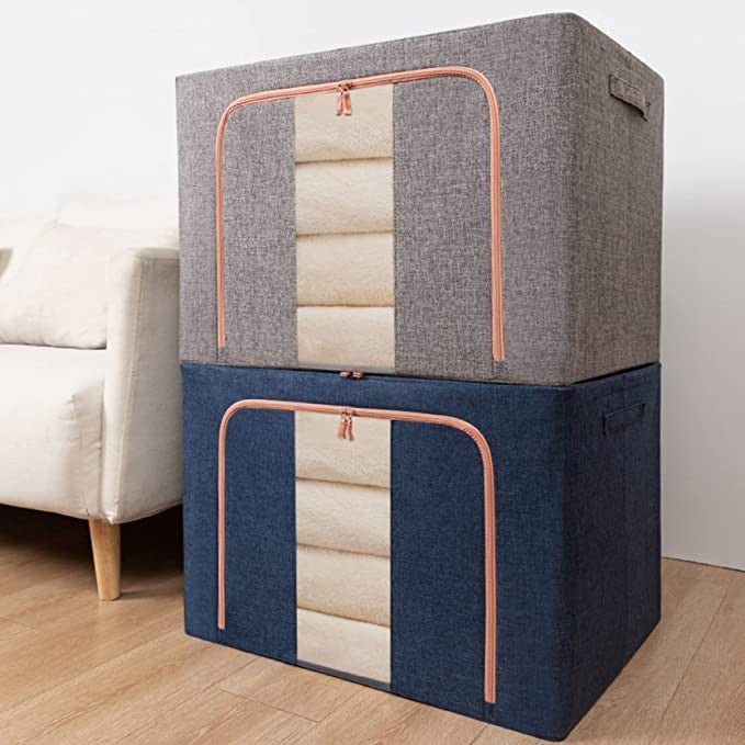 Cutie de Depozitare Pliabila, selexmo, 24 L, din Bumbac si In, 40x30x20 cm, Fereastra Frontala, 2 Usi de Acces cu Fermoar Bidirectional, Cadru Metalic, Suport Baza Stabil din Plastic, Albastru Marin