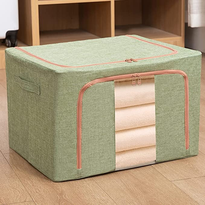 Cutie de Depozitare Pliabila, selexmo, 24 L, din Bumbac si In, 40x30x20 cm, Fereastra Frontala, 2 Usi de Acces cu Fermoar Bidirectional, Cadru Metalic, Suport Baza Stabil din Plastic, Verde