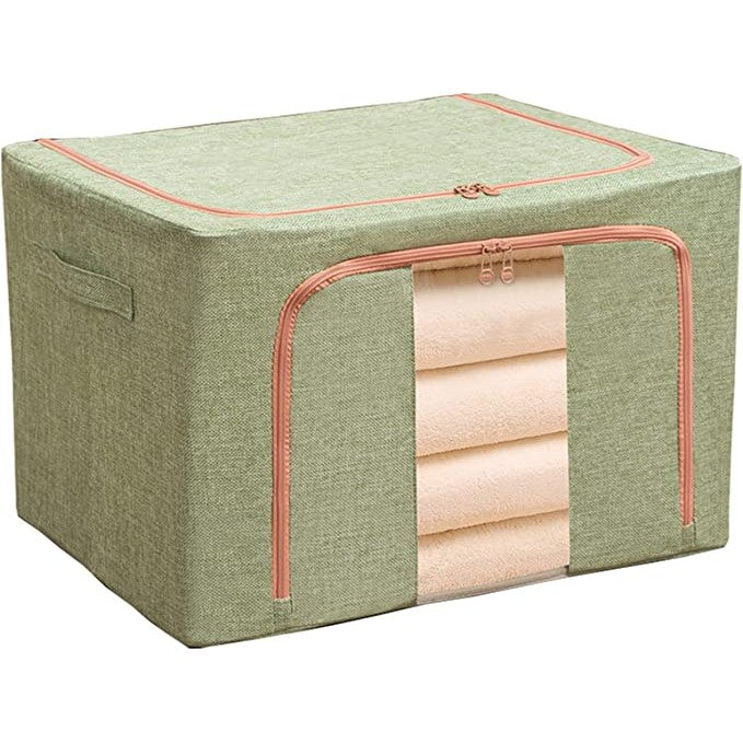 Cutie de Depozitare Pliabila, selexmo, 24 L, din Bumbac si In, 40x30x20 cm, Fereastra Frontala, 2 Usi de Acces cu Fermoar Bidirectional, Cadru Metalic, Suport Baza Stabil din Plastic, Verde