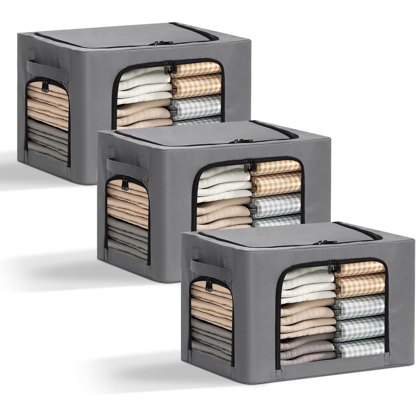 Cutie de Depozitare, selexmo, cu 3 Ferestre cu Fermoar Bidirectional, Cadru din Otel, Impermeabil, 38L, 42 x 30 x 30 cm, Gri Inchis