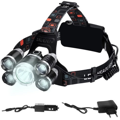 Lanterna de cap, 5xCREE LED, 4 moduri iluminare, cu incarcator, curea reglabila