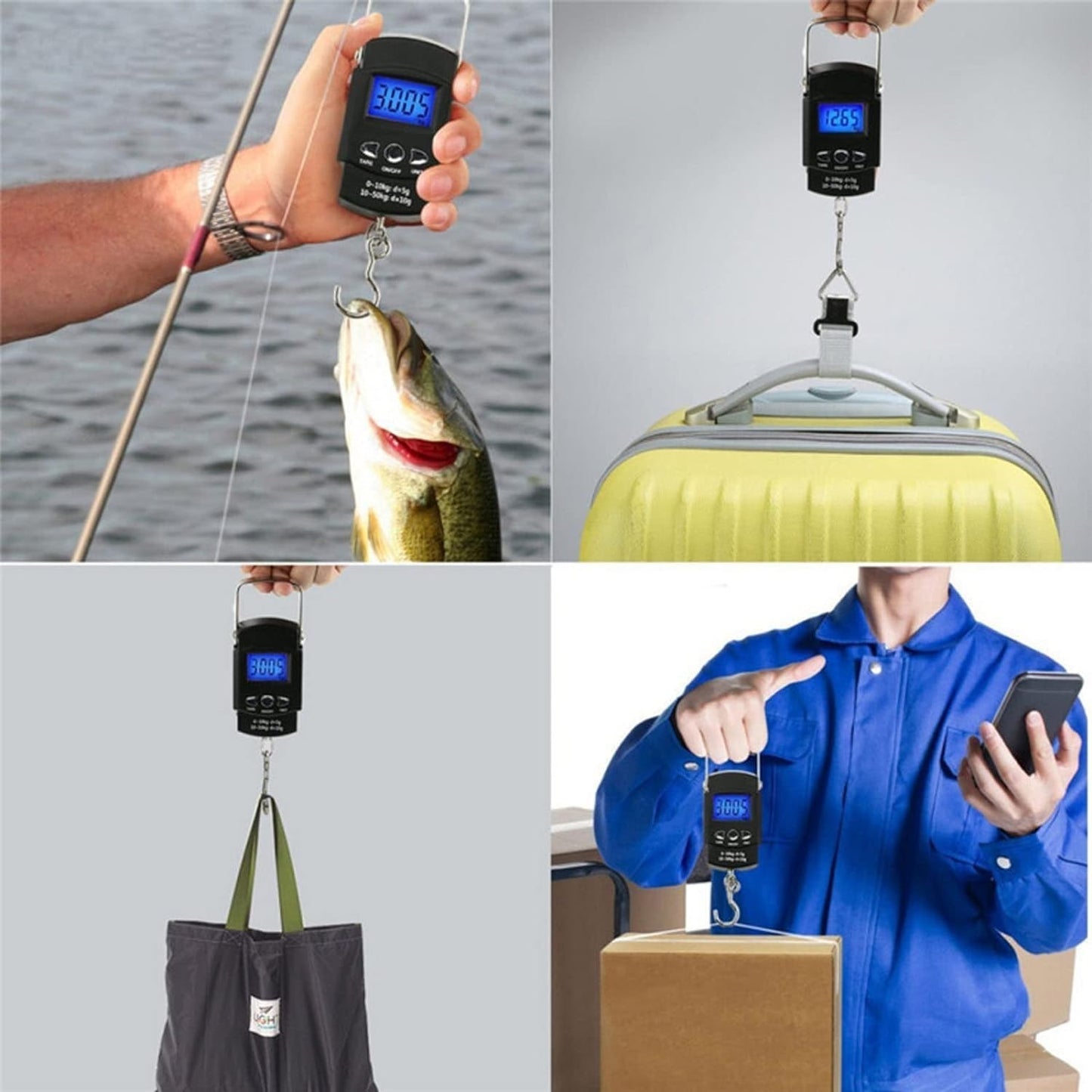 Cantar Digital de Mana cu Carlig, Cantar Portabil, Pescuit, cu Maner, Capacitate 50 kg, cu Metru Incorporat