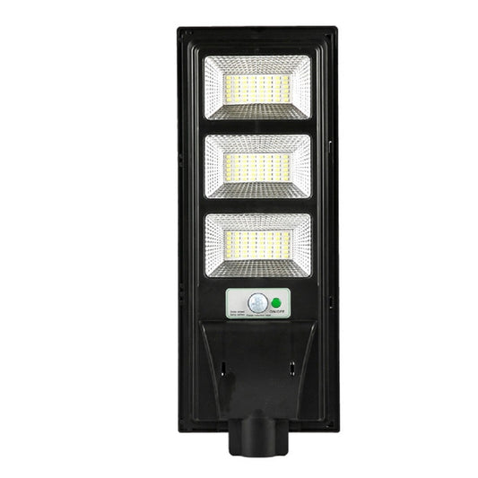 Lampa solara stradala Selexmo, cu telecomanda, senzor de miscare si lumina, suport prindere, 144 LED-uri, IP65, ABS, 8AH, 150W, temperatura culoare 6500K, 49.5x18.8x5 cm, F6006-150w, autonomie 10-12 ore, negru