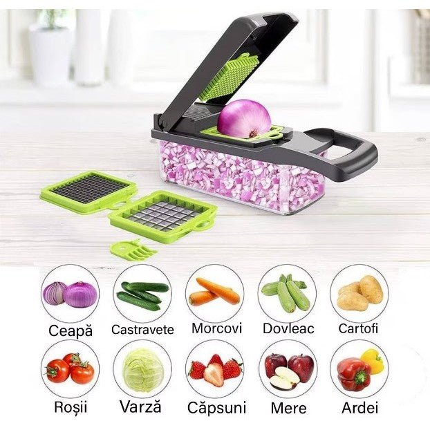 Feliator Multifunctional, Razatoare, 8 in 1, pentru Fructe si Legume, 10 Piese, Lame de Inox, Recipient Stocare, Separator Oua, Protectie Mana, ABS, 67.5x38.5x49.5 cm