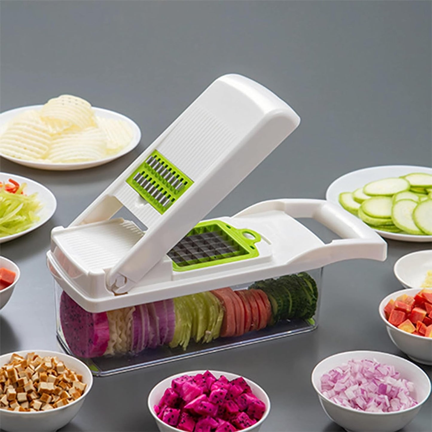 Feliator Multifunctional, Razatoare, 8 in 1, pentru Fructe si Legume, 10 Piese, Lame de Inox, Recipient Stocare, Separator Oua, Protectie Mana, ABS, 67.5x38.5x49.5 cm