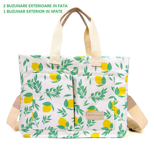 Geanta de Mana/Umar, Multifunctionala, selexmo, Inchidere cu Capsa, Imprimeu Lamai, Material Textil, 33.5 x 25 x 14.5 cm, Alb/Galben