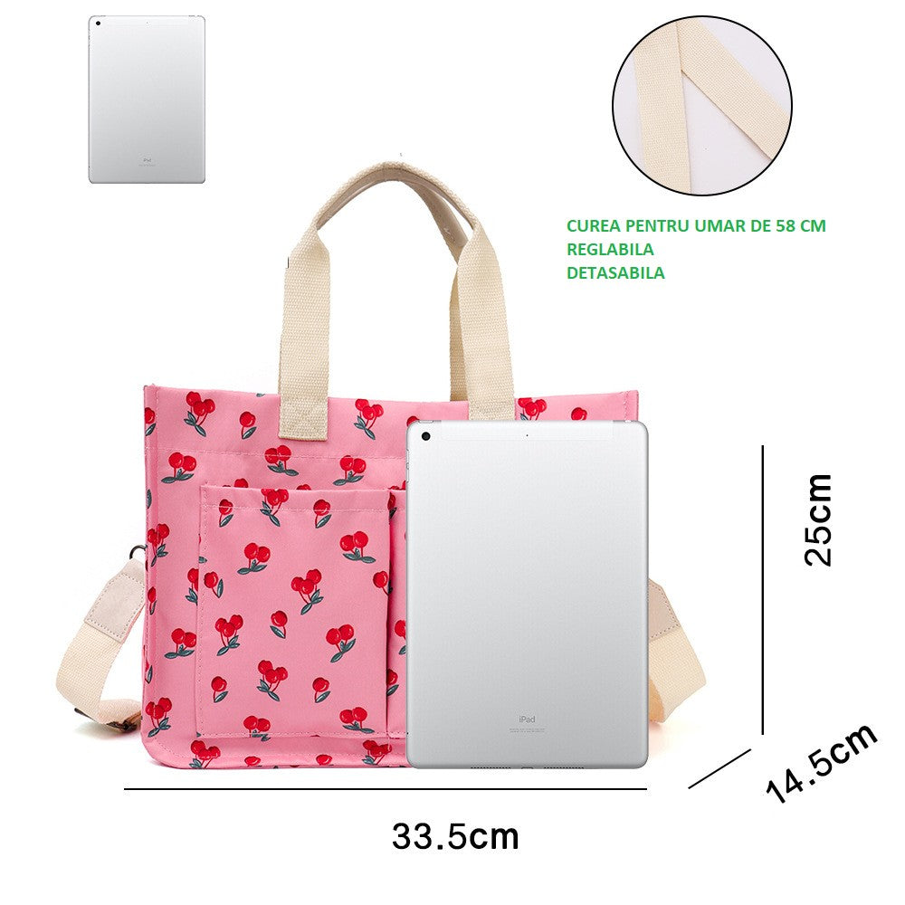 Geanta de Mana/Umar, Multifunctionala, selexmo, Inchidere cu Capsa, Imprimeu Cirese, Material Textil, 33.5 x 25 x 14.5 cm, Roz