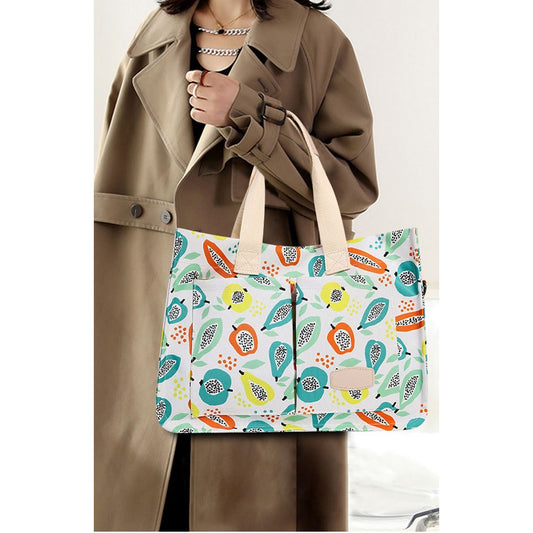 Geanta de Mana/Umar, Multifunctionala, selexmo, Inchidere cu Capsa, Imprimeu Fructe, Material Textil, 33.5 x 25 x 14.5 cm, Multicolor