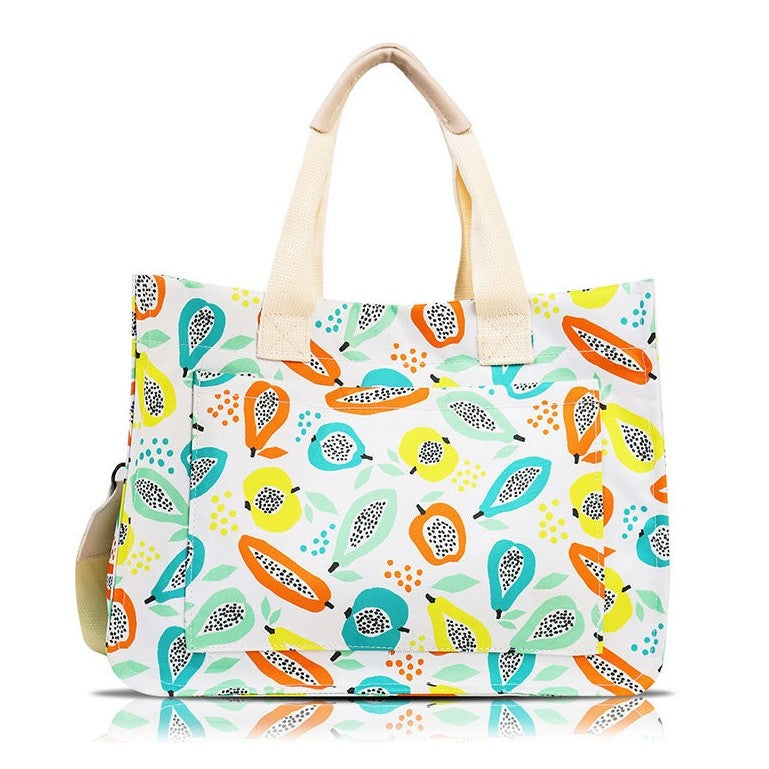 Geanta de Mana/Umar, Multifunctionala, selexmo, Inchidere cu Capsa, Imprimeu Fructe, Material Textil, 33.5 x 25 x 14.5 cm, Multicolor