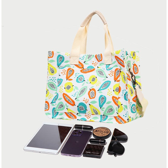 Geanta de Mana/Umar, Multifunctionala, selexmo, Inchidere cu Capsa, Imprimeu Fructe, Material Textil, 33.5 x 25 x 14.5 cm, Multicolor