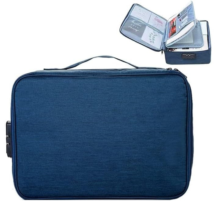 Geanta selexmo pentru Depozitare Acte si Documente, Facturi, Carduri, cu Cod de Securitate, 2 Compartimente, Impermeabila, 37 x 10.5 x 27 cm, Albastru Marin