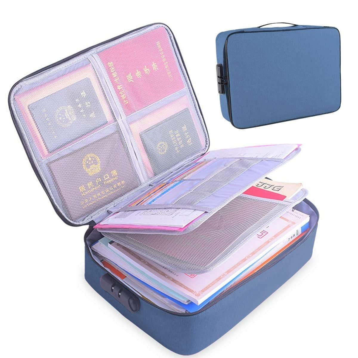 Geanta selexmo pentru Depozitare Acte si Documente, Facturi, Carduri, cu Cod de Securitate, 2 Compartimente, Impermeabila, 37 x 10.5 x 27 cm, Albastru Marin